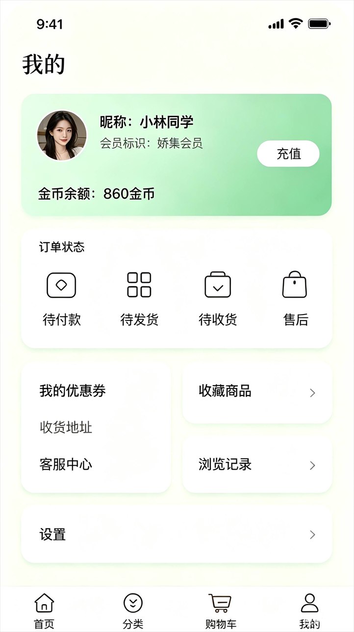 娇集 App 个人中心：订单、收藏、收货地址与会员权益